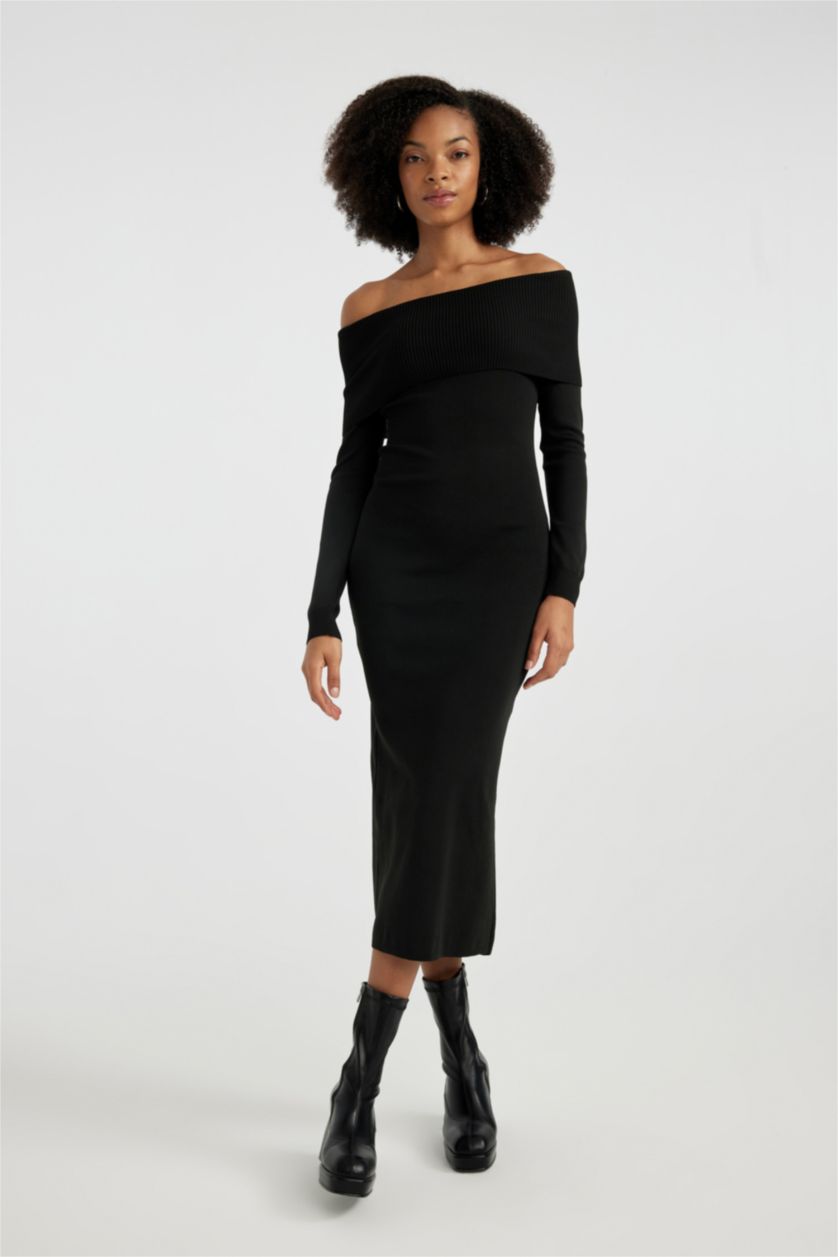 Kadın Siyah Slim Fit Dar Kesim Açık Omuz Basic Düz Uzun Kollu Midi Triko Elbise