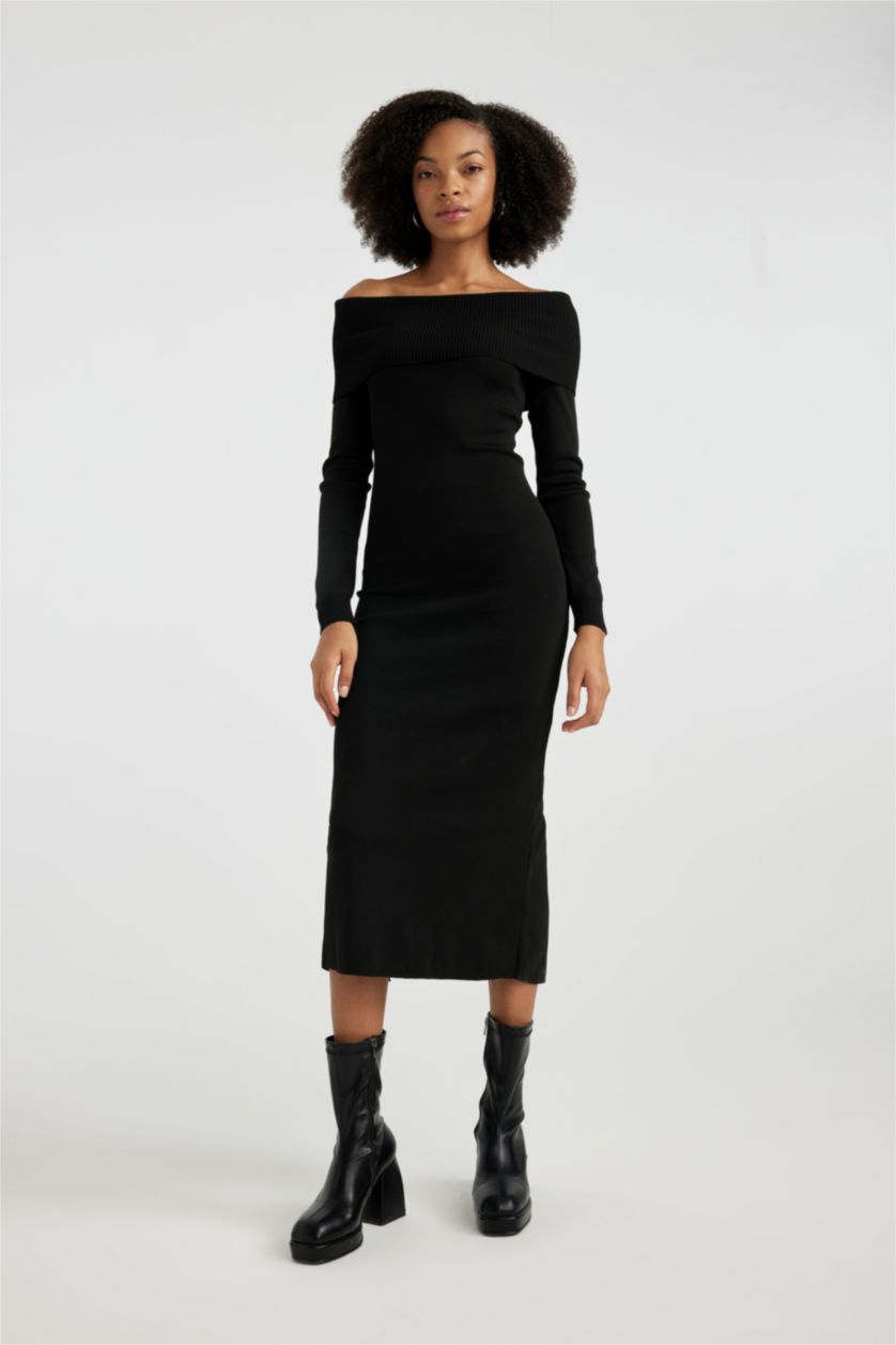 Kadın Siyah Slim Fit Dar Kesim Açık Omuz Basic Düz Uzun Kollu Midi Triko Elbise