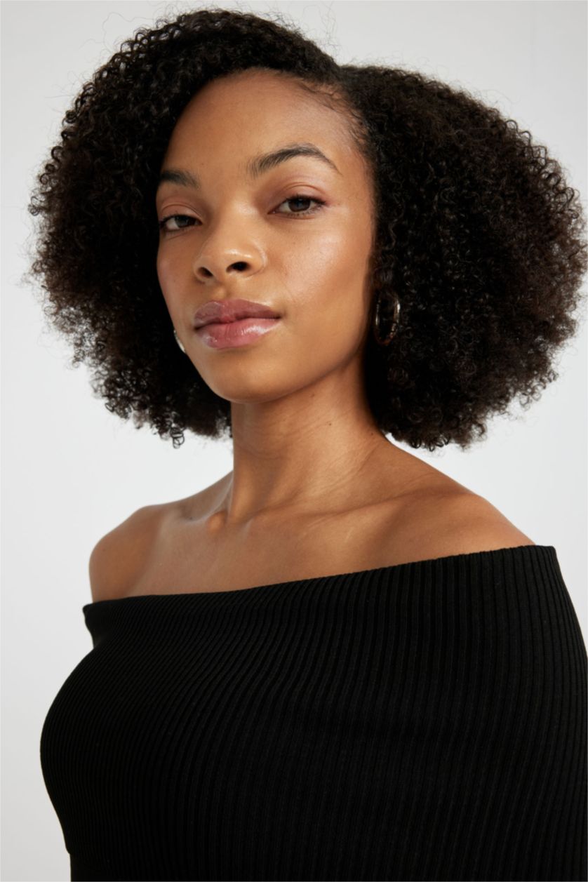 Kadın Siyah Slim Fit Dar Kesim Açık Omuz Basic Düz Uzun Kollu Midi Triko Elbise