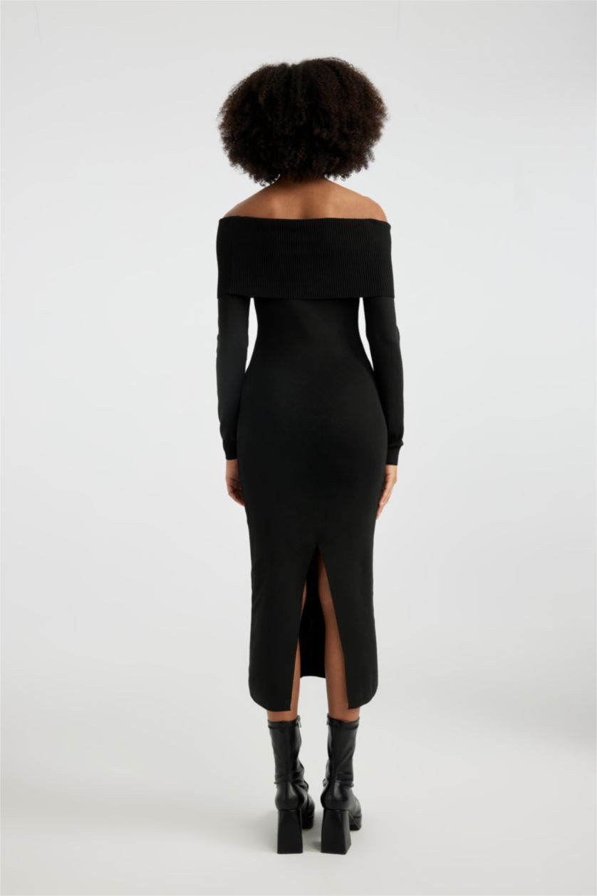 Kadın Siyah Slim Fit Dar Kesim Açık Omuz Basic Düz Uzun Kollu Midi Triko Elbise