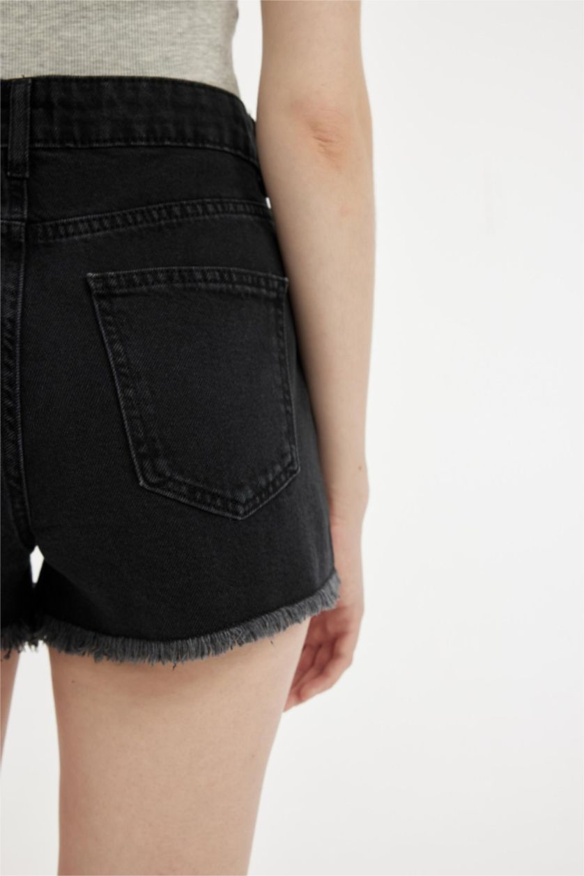 نساء أسود شورت جينز بحافة ممزقة وخصر عالي