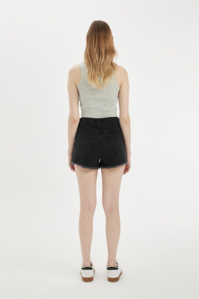 نساء أسود شورت جينز بحافة ممزقة وخصر عالي