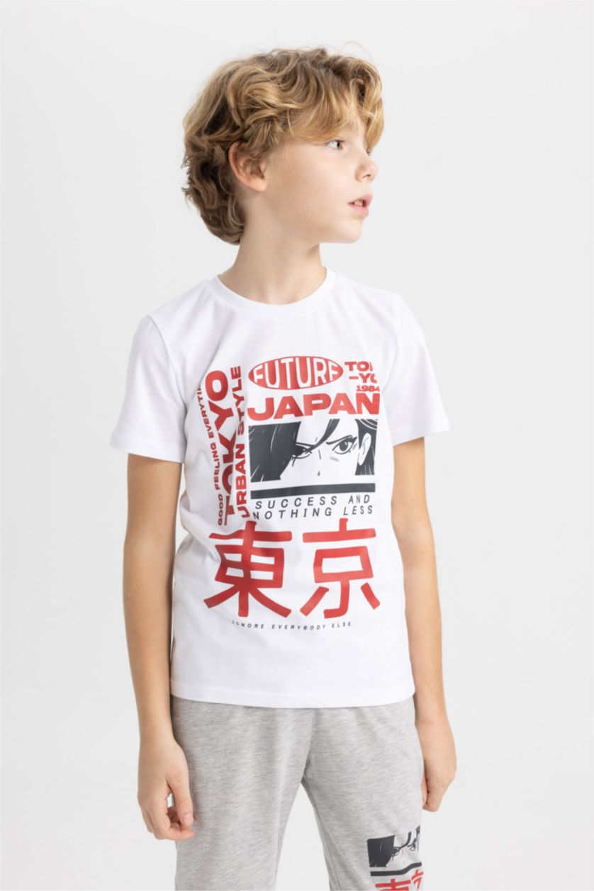 Erkek Çocuk - Genç Erkek Beyaz Erkek Çocuk Pijama Takımı Bisiklet Yaka Baskılı Kısa Kollu Üst Uzun Alt