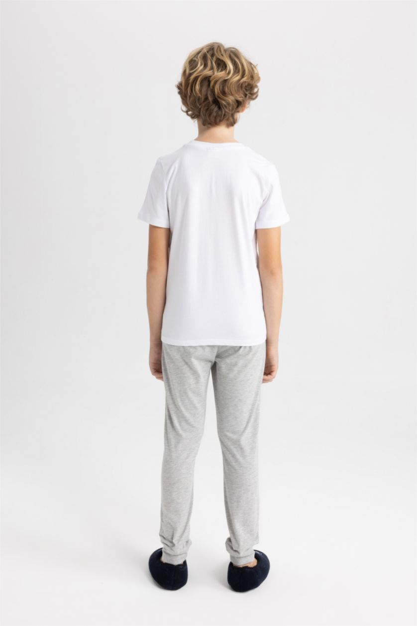 Erkek Çocuk - Genç Erkek Beyaz Erkek Çocuk Pijama Takımı Bisiklet Yaka Baskılı Kısa Kollu Üst Uzun Alt