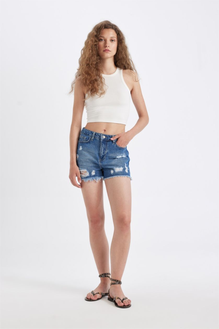 WOMAN Dark Blue High Waist Cut-Off Leg Denim Shorts