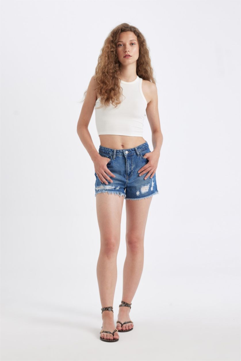 WOMAN Dark Blue High Waist Cut-Off Leg Denim Shorts