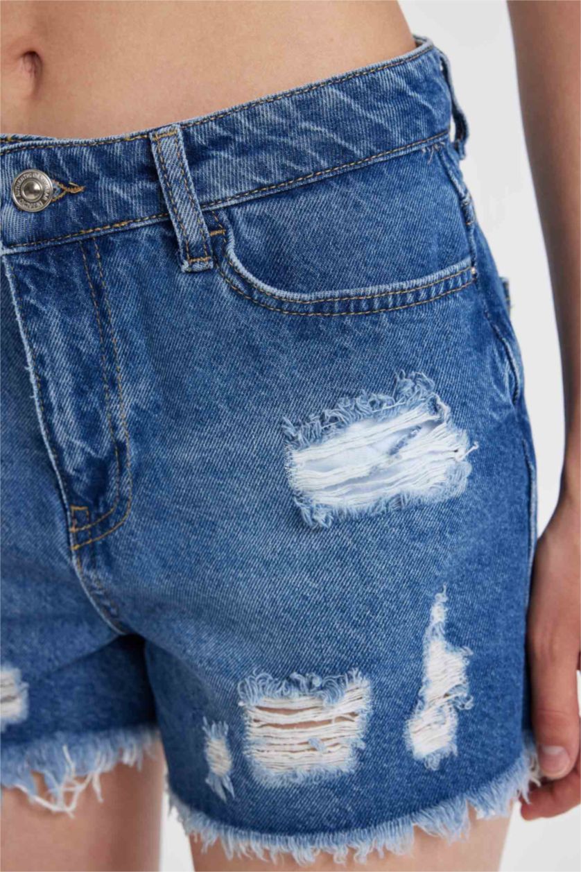 نساء أزرق غامق شورت جينز بخصر عالي وحافة ممزقة