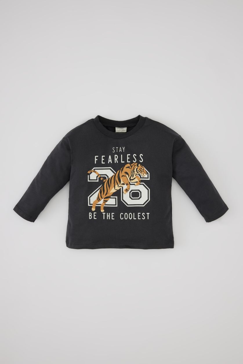 BABY BOY Anthracite Baby Boy Crew Neck Tiger Printed Cotton T-Shirt