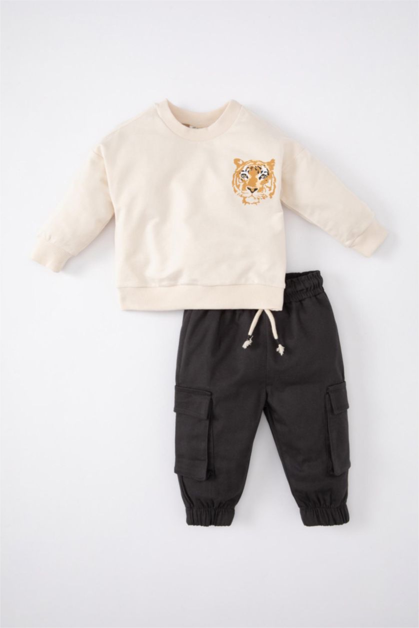 BÉBÉ GARÇON Beige Clair Ensemble De Sweatshirts Imprimés avec Motif De Tigre et Pantalon De Jogging Pour Bébé Garçon - 2 Pièces