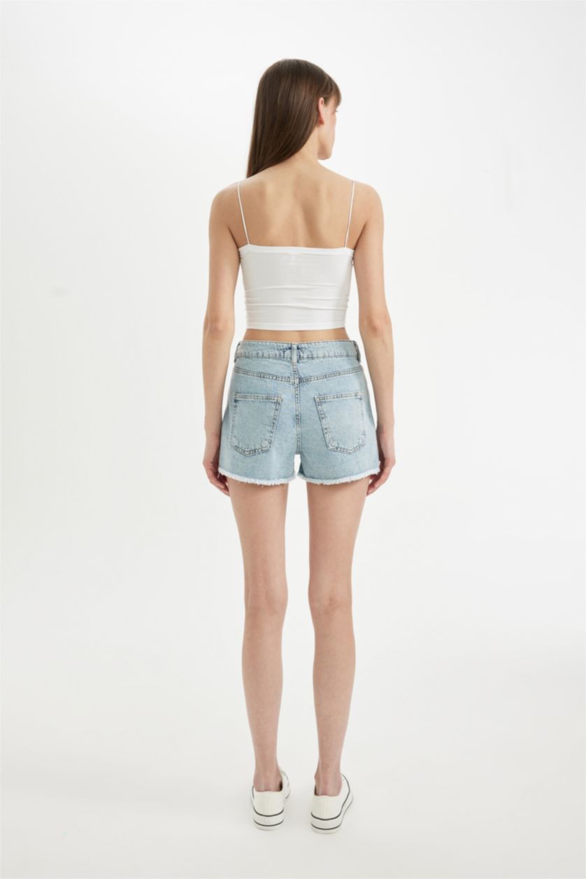 نساء أزرق فاتح شورت جينز بخصر عالي