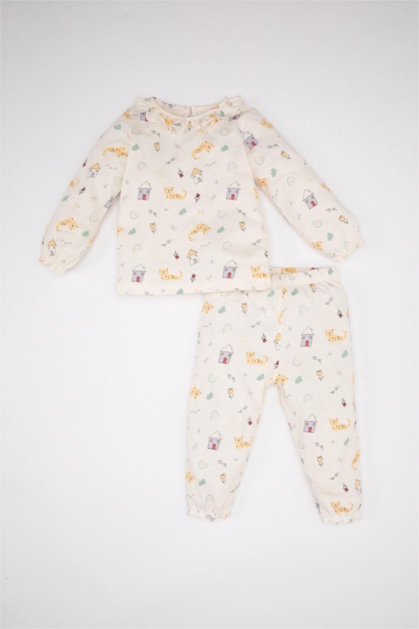 BABY GIRL Ecru Baby Girl Animal Patterned Cotton 2 Piece Pajama Set