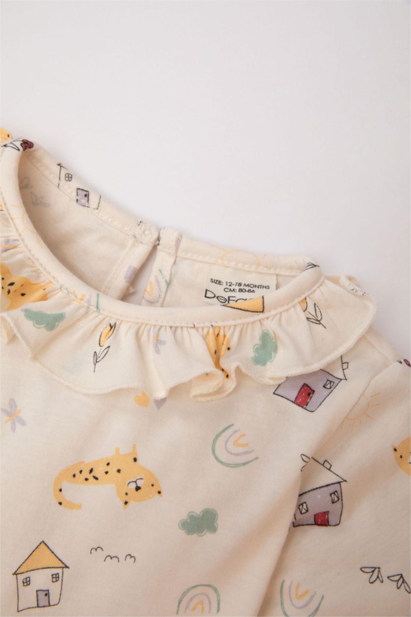 BABY GIRL Ecru Baby Girl Animal Patterned Cotton 2 Piece Pajama Set