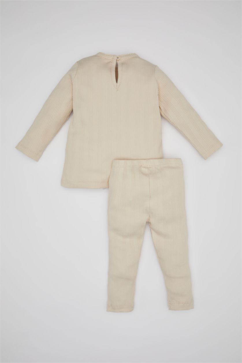 Kız Bebek Taş Kız Bebek Nakışlı Uzun Kollu Fitilli Kaşkorse Pijama Takımı