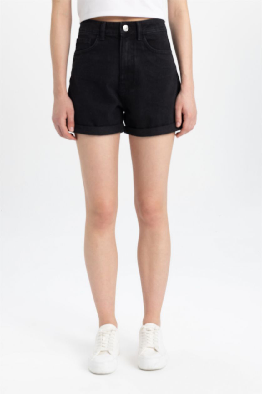 FEMME Noir Short Jean Mom Fit à Taille Haute et Ourlet Retroussé