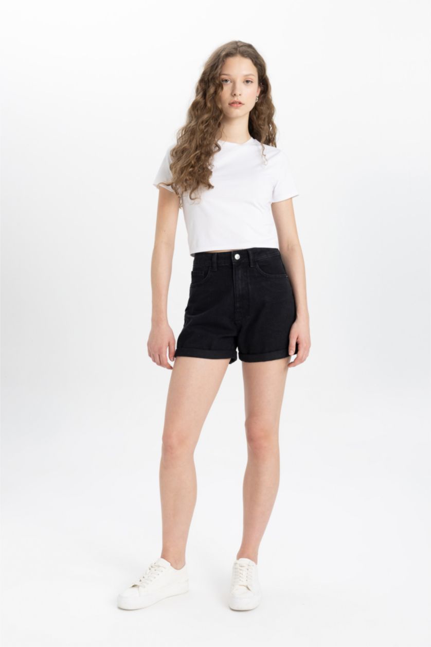 FEMME Noir Short Jean Mom Fit à Taille Haute et Ourlet Retroussé