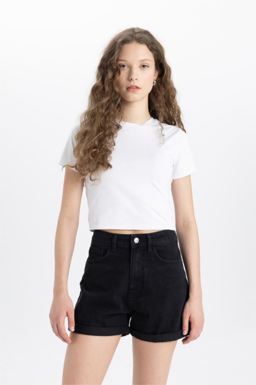 FEMME Noir Short Jean Mom Fit à Taille Haute et Ourlet Retroussé