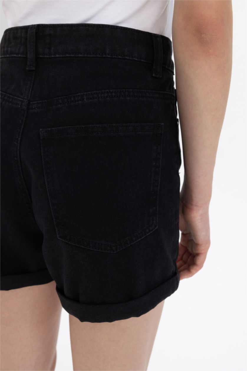FEMME Noir Short Jean Mom Fit à Taille Haute et Ourlet Retroussé