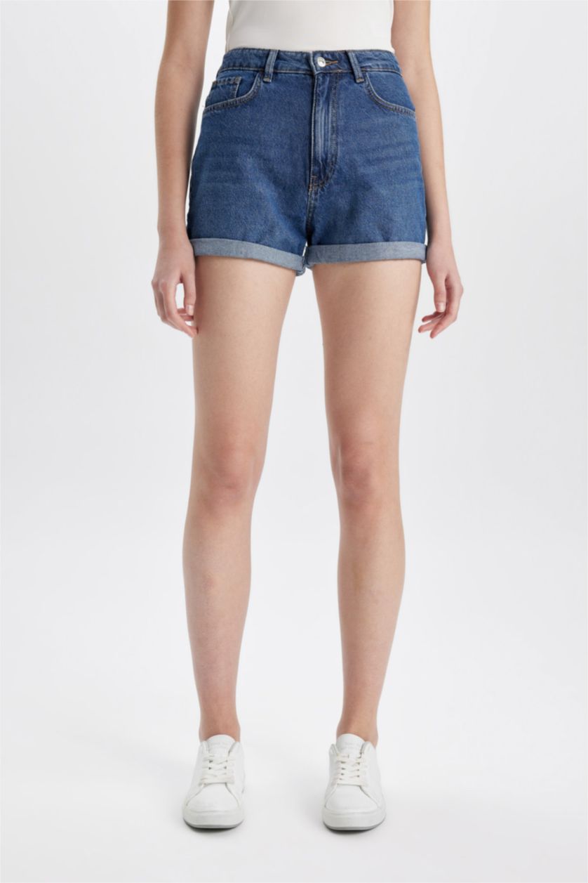 FEMME Bleu Foncé Short Jean Mom Fit Taille Haute pour Fille