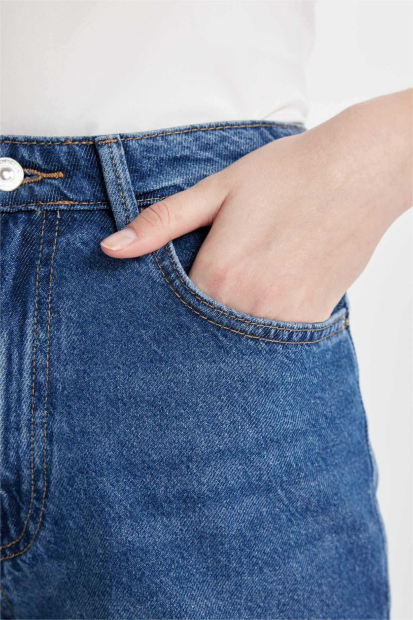 FEMME Bleu Foncé Short Jean Mom Fit Taille Haute pour Fille