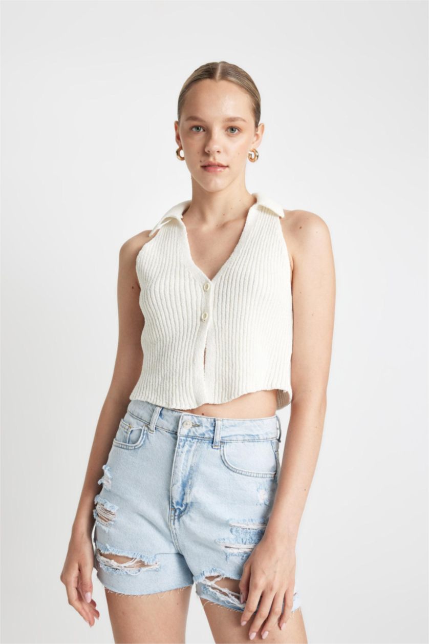 نساء أزرق فاتح شورت موم فيت بخصر عالي بحافة ممزقة