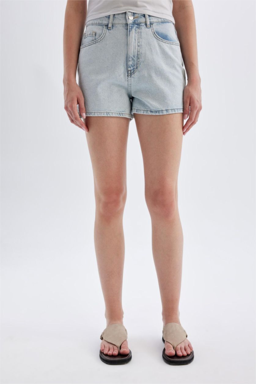 Woman Light Blue Mom Fit High Waist Skinny Denim Shorts