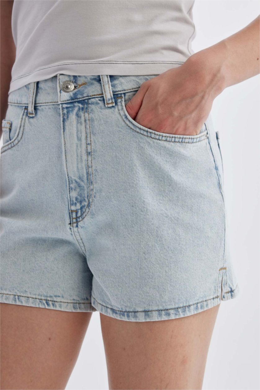 Woman Light Blue Mom Fit High Waist Skinny Denim Shorts