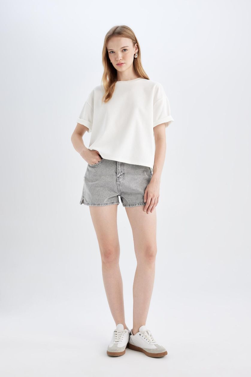 Woman Grey Mom Fit High Waist Denim Shorts