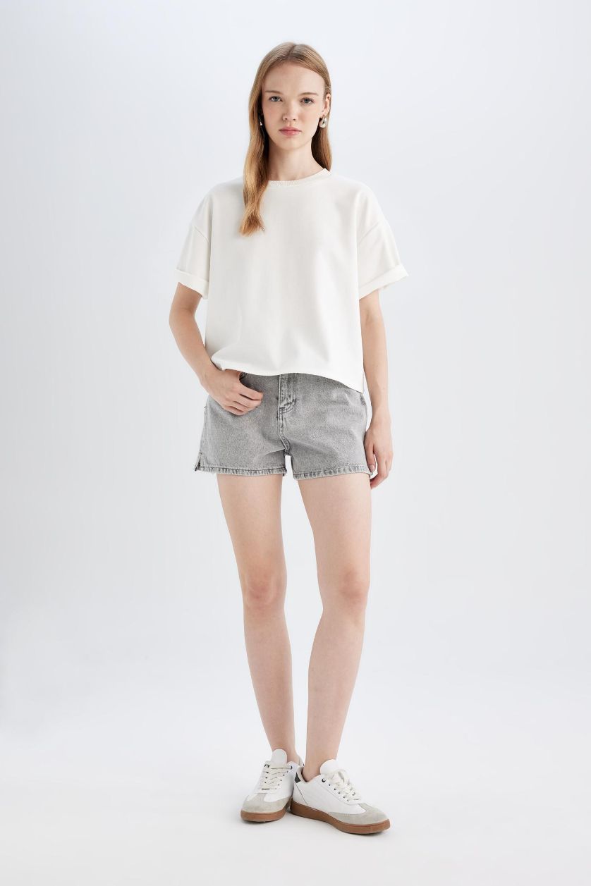 Woman Grey Mom Fit High Waist Denim Shorts