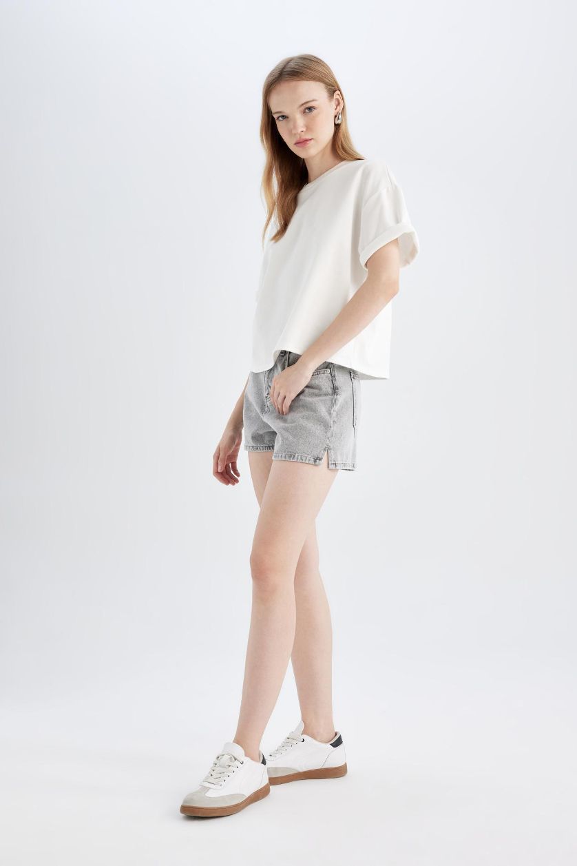 Woman Grey Mom Fit High Waist Denim Shorts