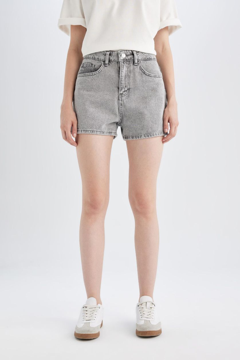 Woman Grey Mom Fit High Waist Denim Shorts