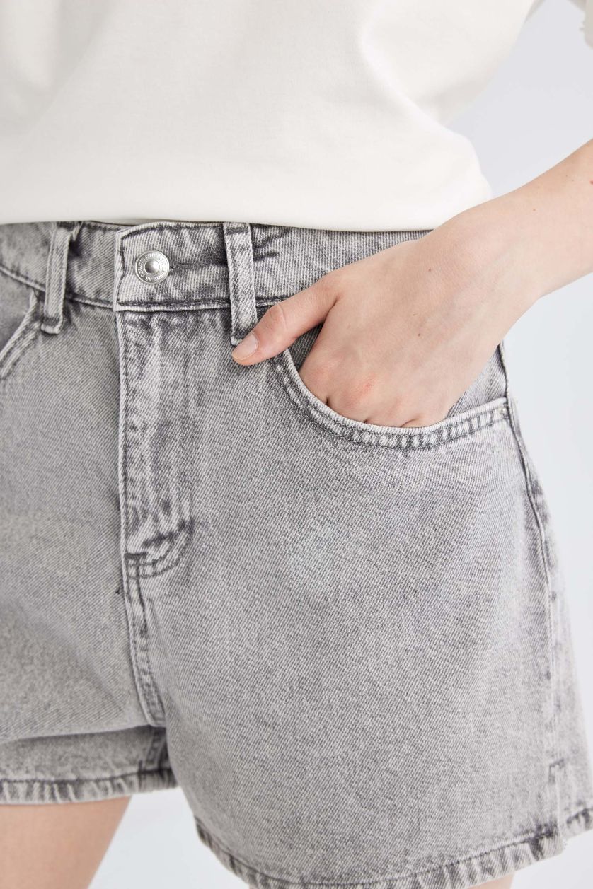 Woman Grey Mom Fit High Waist Denim Shorts