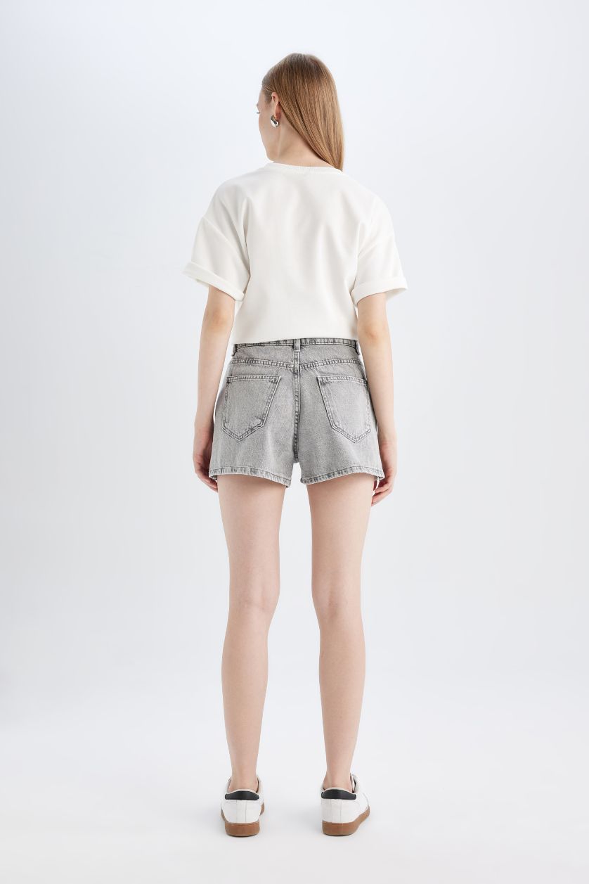 Woman Grey Mom Fit High Waist Denim Shorts
