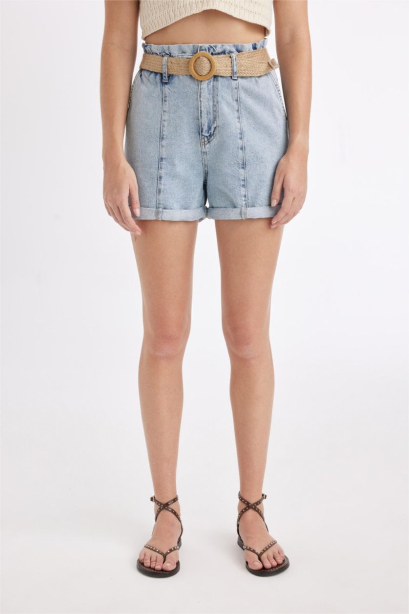 Kadın Açık Mavi Paperbag Yüksek Bel Katlamalı Paça Jean Şort