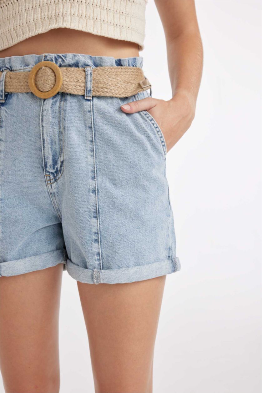 Kadın Açık Mavi Paperbag Yüksek Bel Katlamalı Paça Jean Şort