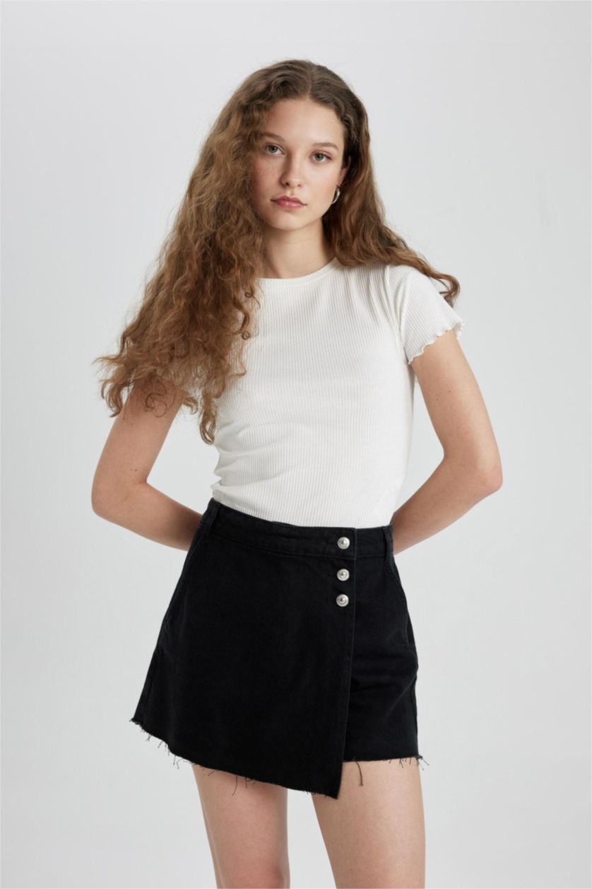 Kadın Siyah Yüksek Bel Jean Şort Etek
