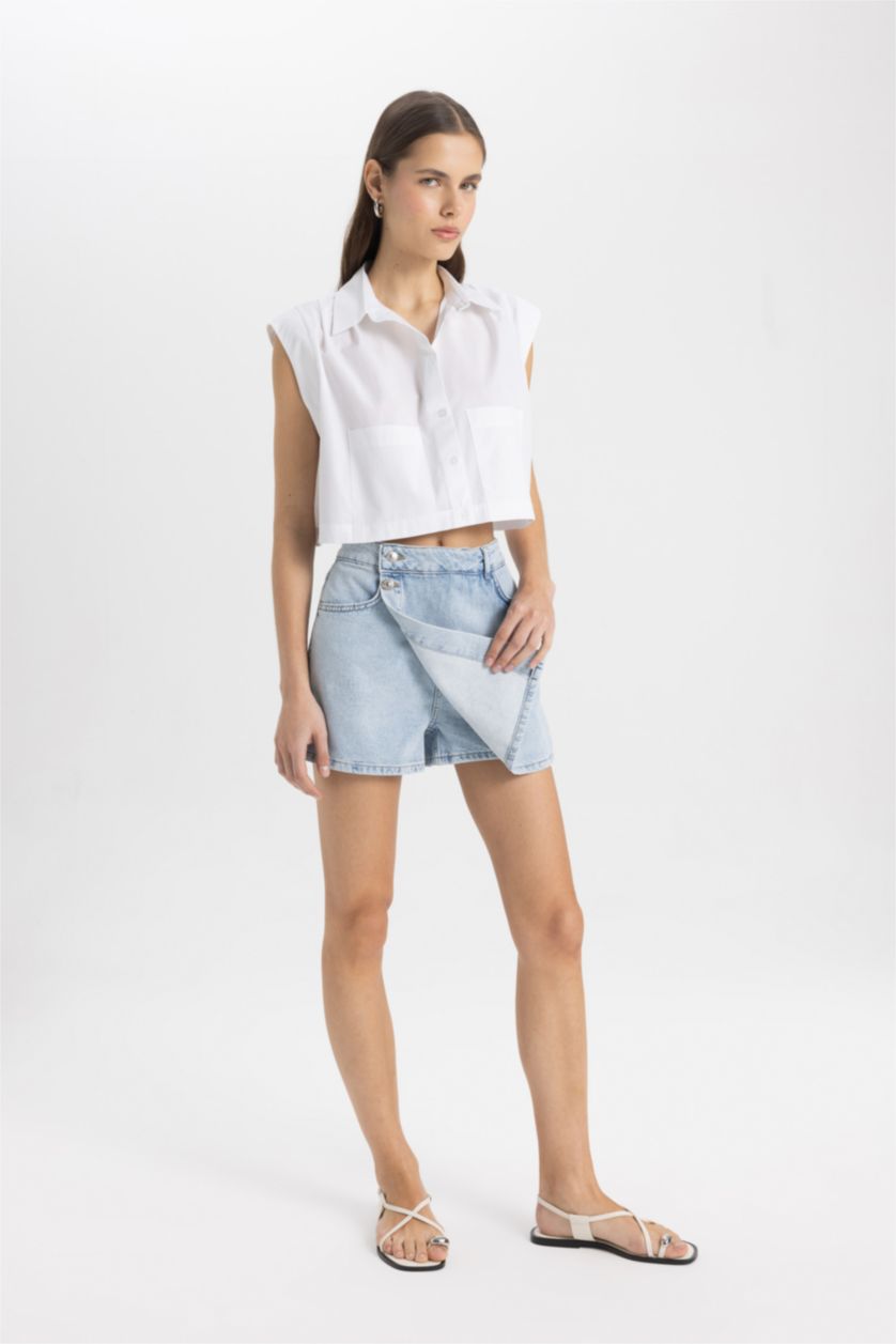 حريمي أزرق فاتح جيب شورت جينز بخصر عالي