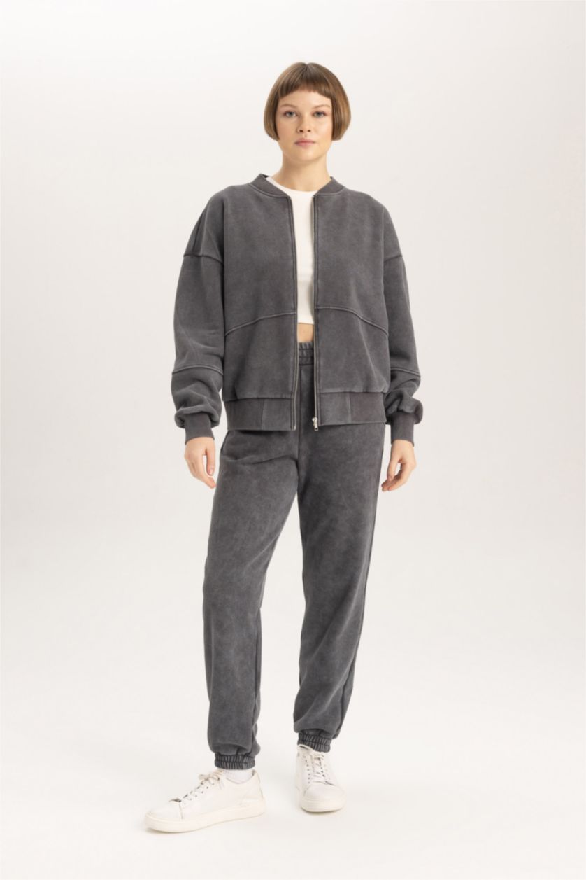 WOMAN Anthracite Relax Fit Bomber Collar Thick Sweatshirt Fabric Zip up Sweatshirt