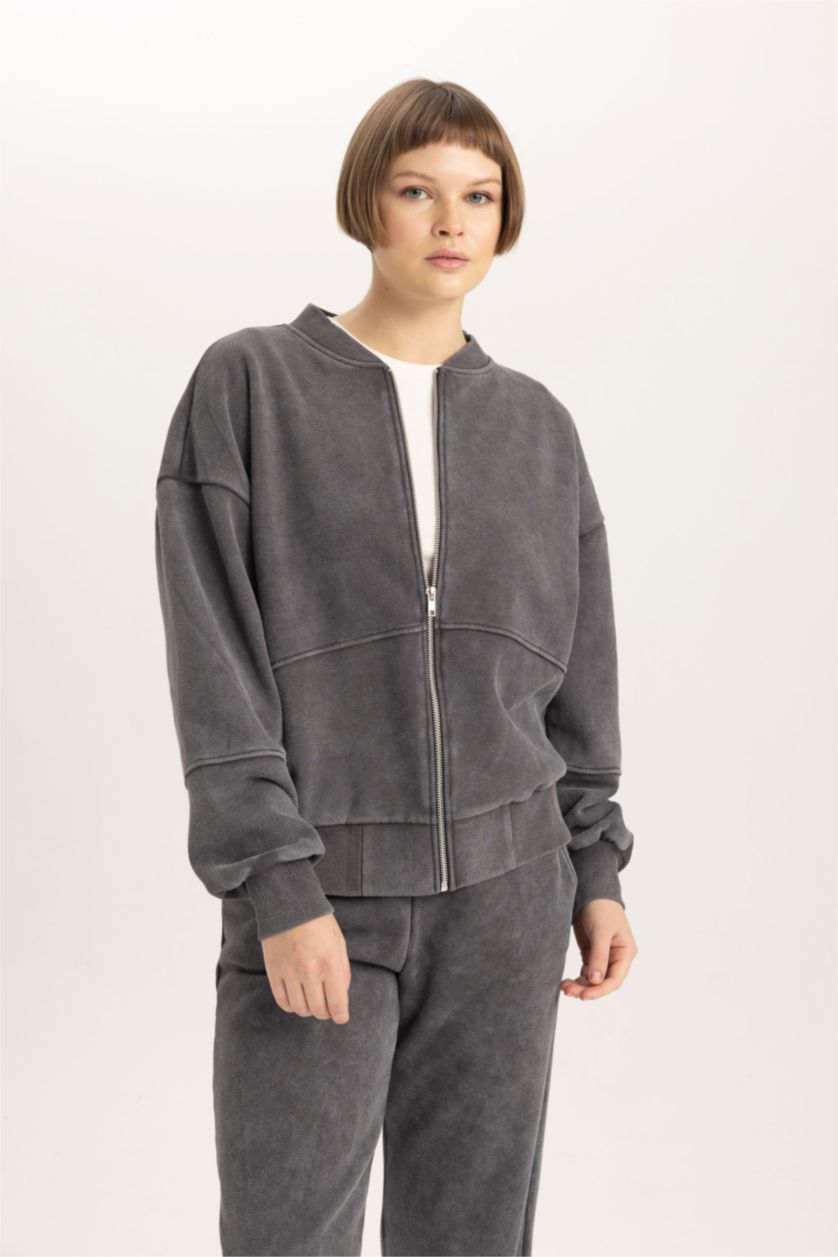 WOMAN Anthracite Relax Fit Bomber Collar Thick Sweatshirt Fabric Zip up Sweatshirt