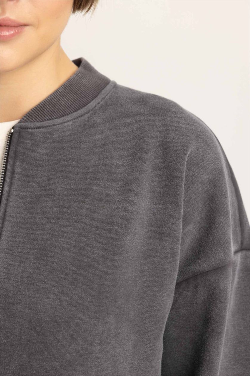 WOMAN Anthracite Relax Fit Bomber Collar Thick Sweatshirt Fabric Zip up Sweatshirt