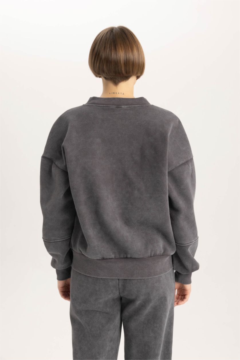 WOMAN Anthracite Relax Fit Bomber Collar Thick Sweatshirt Fabric Zip up Sweatshirt