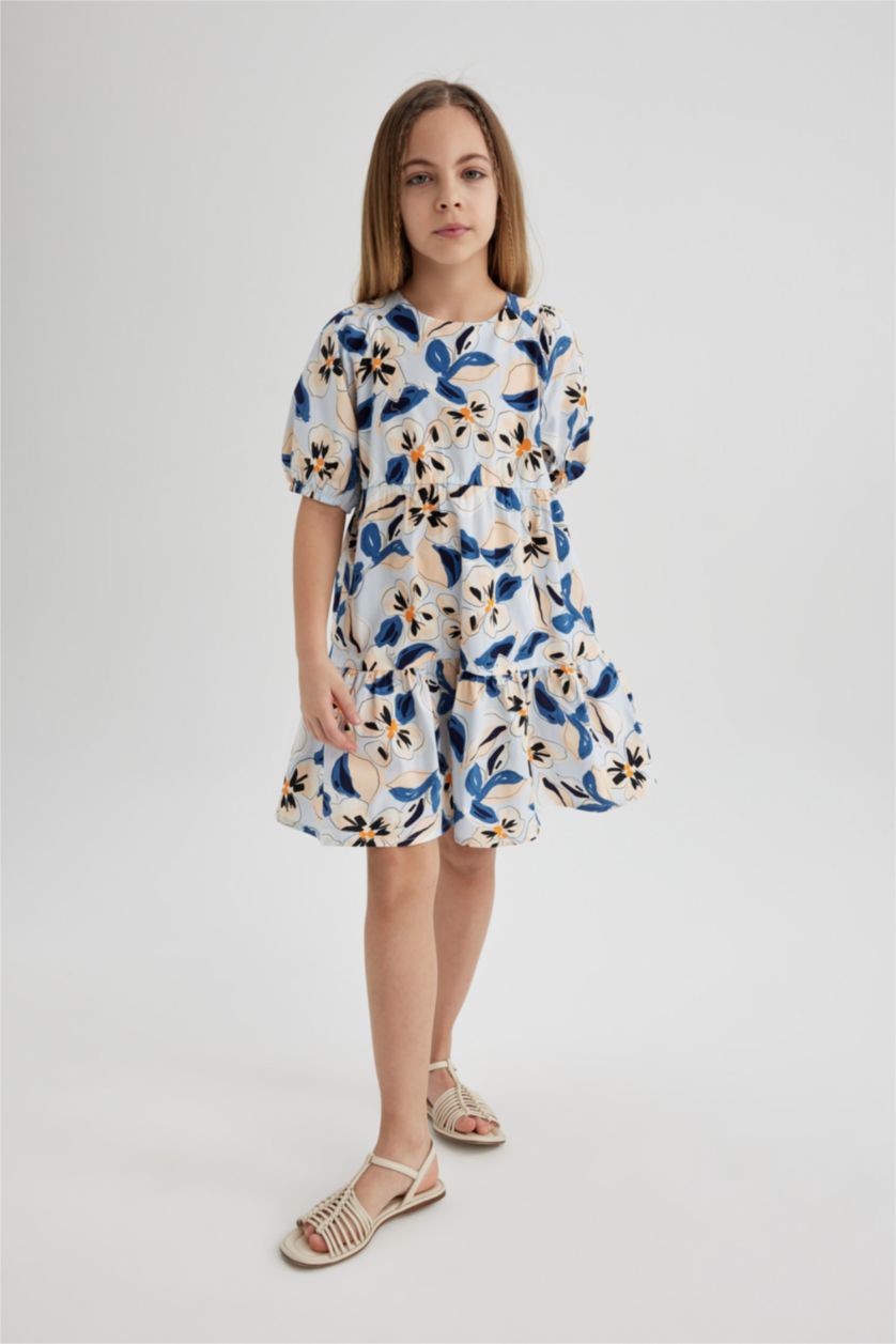 GIRLS & TEENS Light Blue Girl Patterned Short Sleeve Poplin Dress