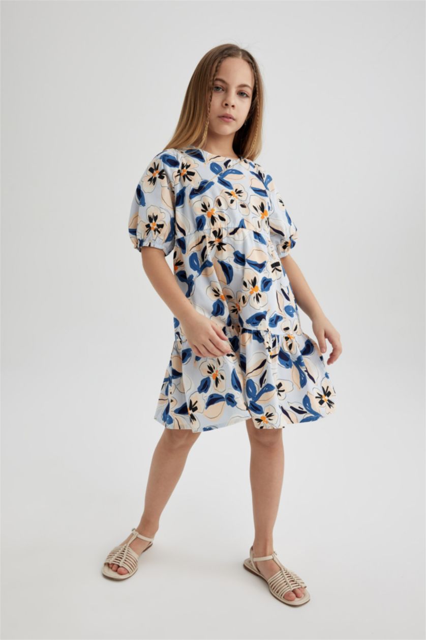 GIRLS & TEENS Light Blue Girl Patterned Short Sleeve Poplin Dress