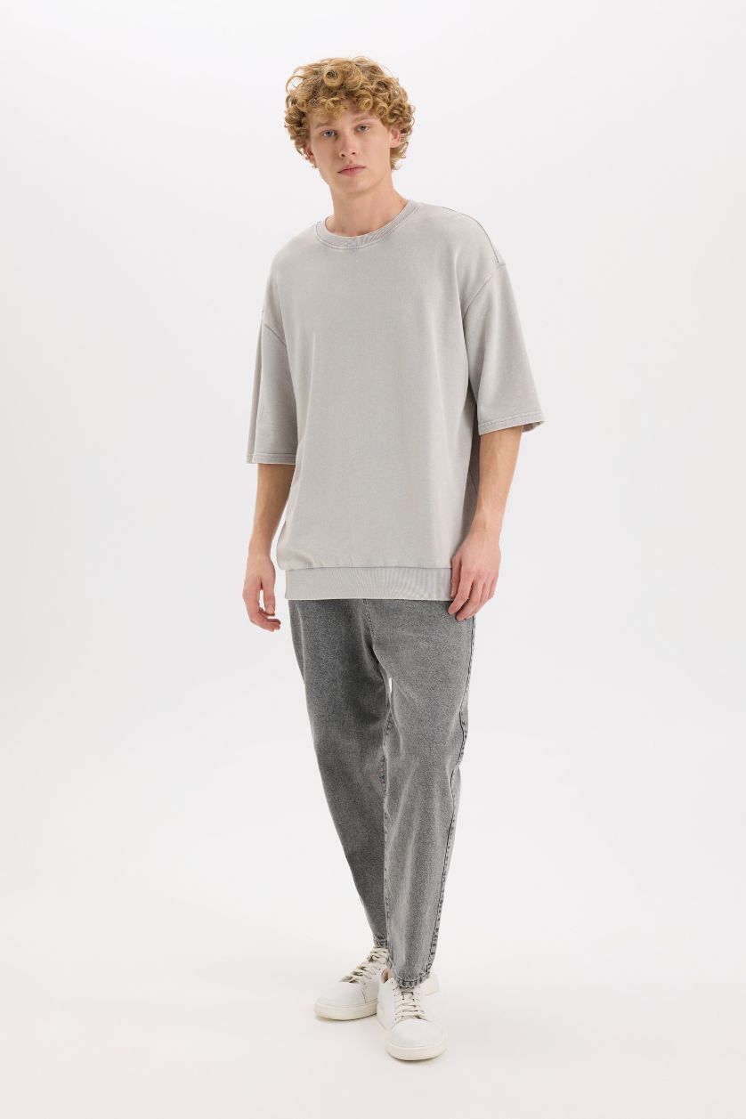 رجال رمادي تيشيرت قصة فضفاضة بياخة مستديرة