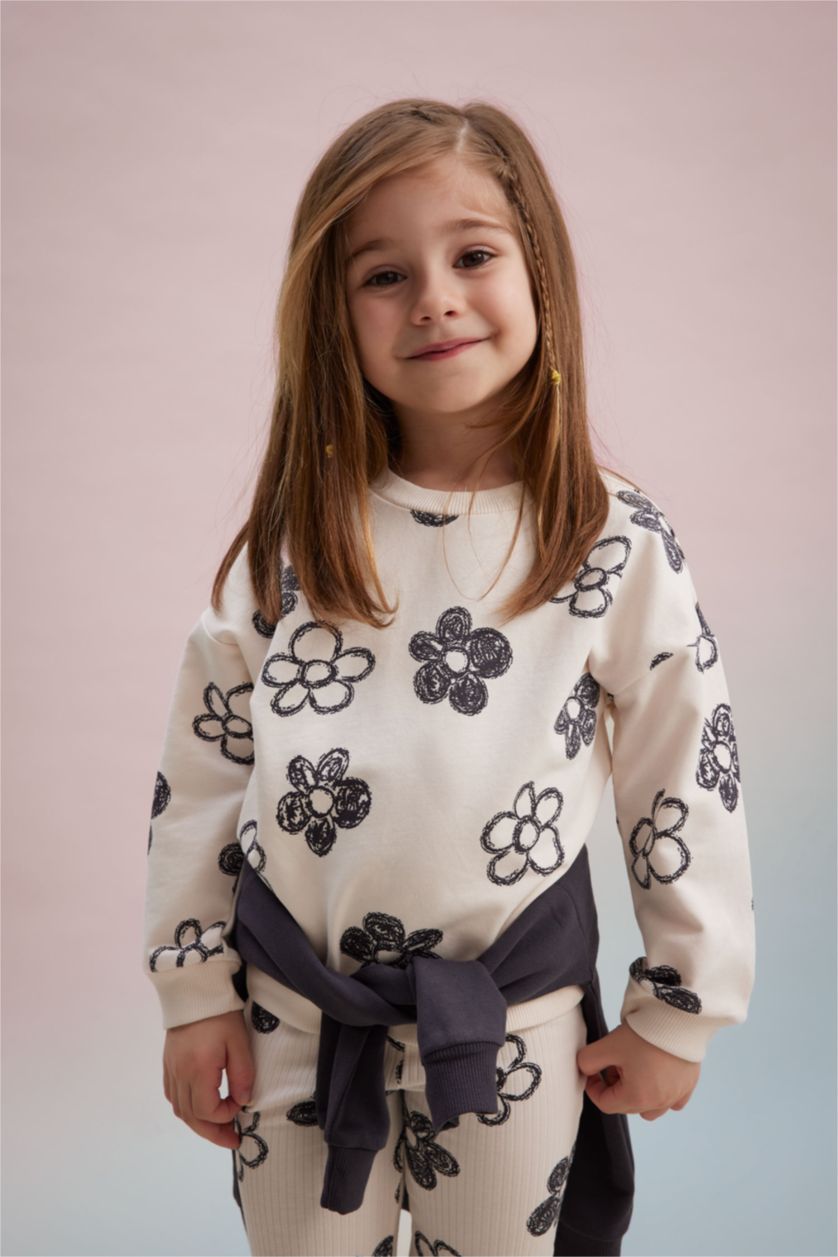 Kız Bebek Açık Pembe Kız Bebek Çiçekli Sweatshirt Tayt 2'li Takım