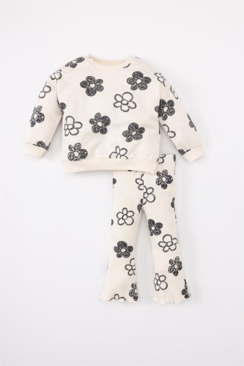 Kız Bebek Açık Pembe Kız Bebek Çiçekli Sweatshirt Tayt 2'li Takım