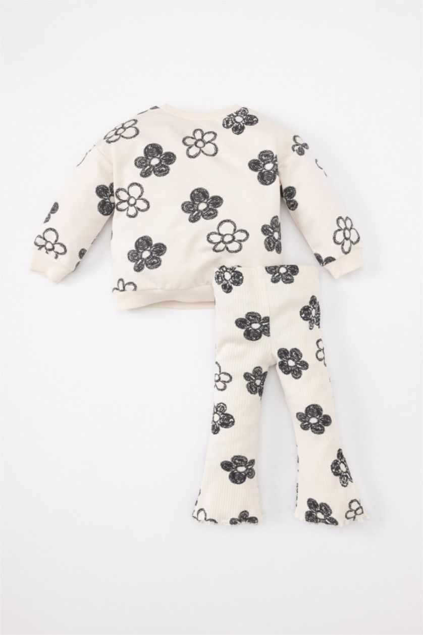 Kız Bebek Açık Pembe Kız Bebek Çiçekli Sweatshirt Tayt 2'li Takım