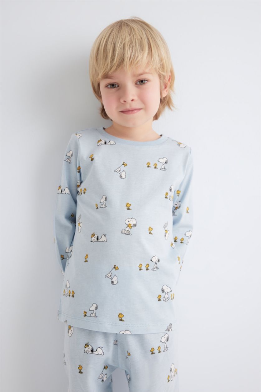 مولود ذكر أزرق فاتح طقم بيجاما ممشط برقبة مستديرة من سنوبي - قطعتين