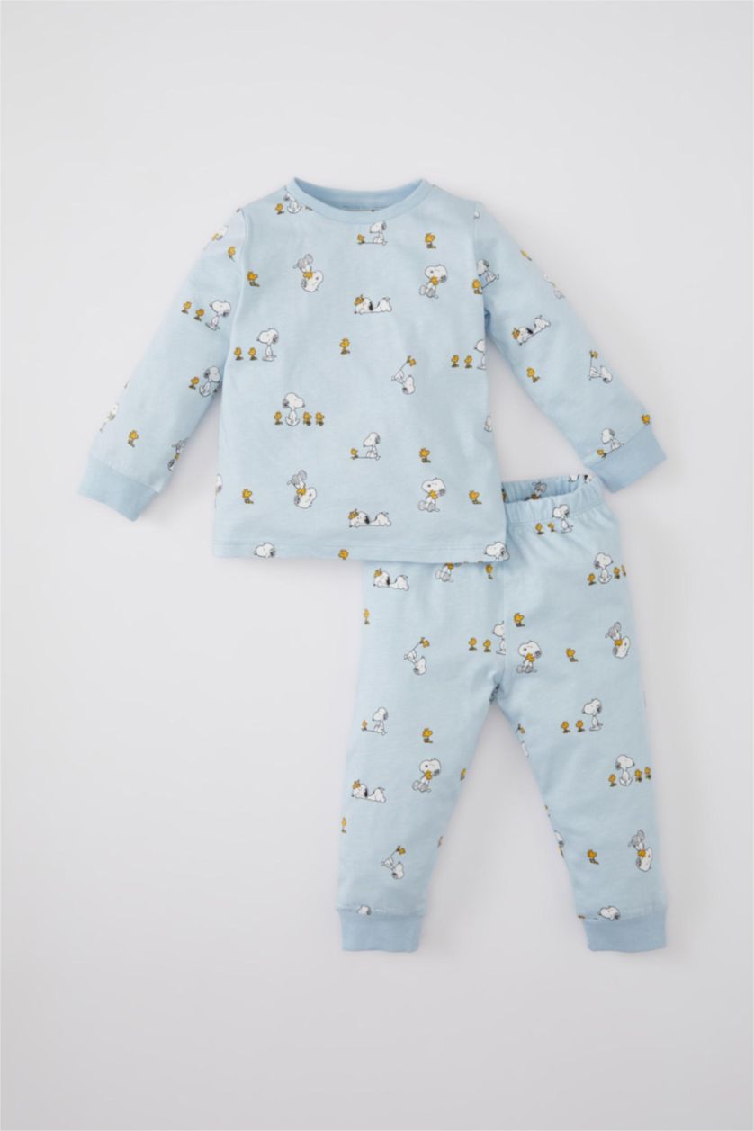 مولود ذكر أزرق فاتح طقم بيجاما ممشط برقبة مستديرة من سنوبي - قطعتين