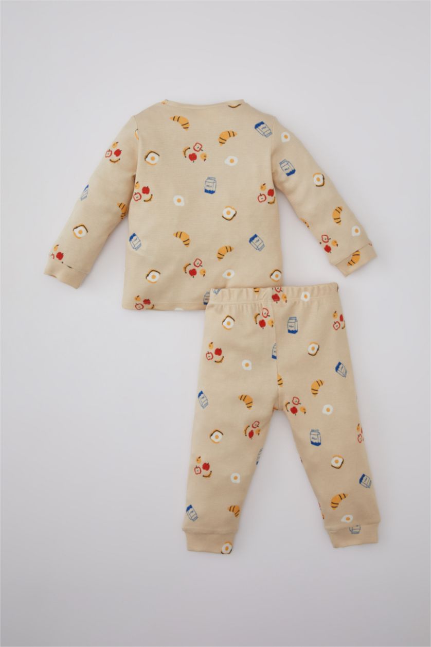 طفل صغير بيج طقم بيجاما بيبي اولادي كم طويل بطبعة طعام قصة عادية - قطعتين