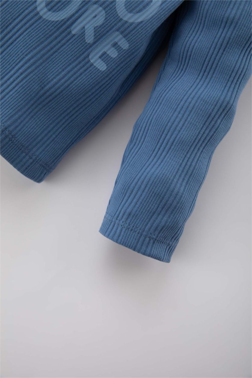 Erkek Bebek Mavi Erkek Bebek Dinazor Baskılı Uzun Kollu Fitilli Kaşkorse Pijama Takımı